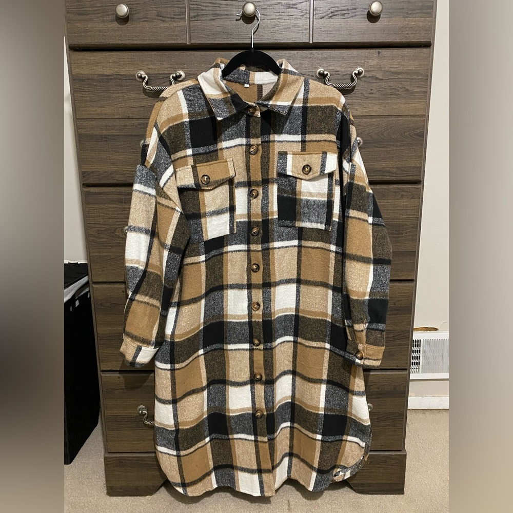PUWEI Women's Casual Lapel Button Down Long Plaid Shirt Coat Tartan Shacket
